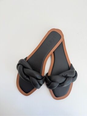 LOFT Braided Strap Slide Sandals Black Leather Size 6 Minimalist